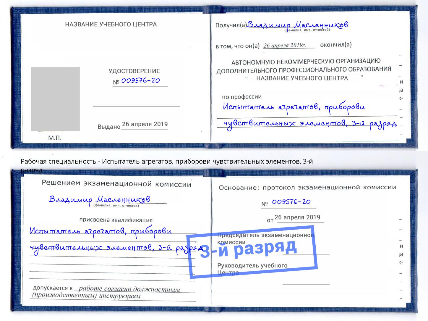 корочка 3-й разряд Испытатель агрегатов, приборови чувствительных элементов Грозный