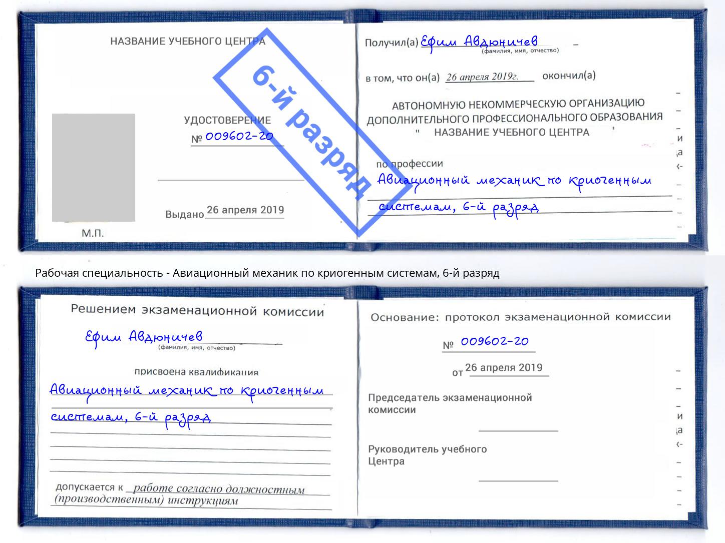 корочка 6-й разряд Авиационный механик по криогенным системам Грозный