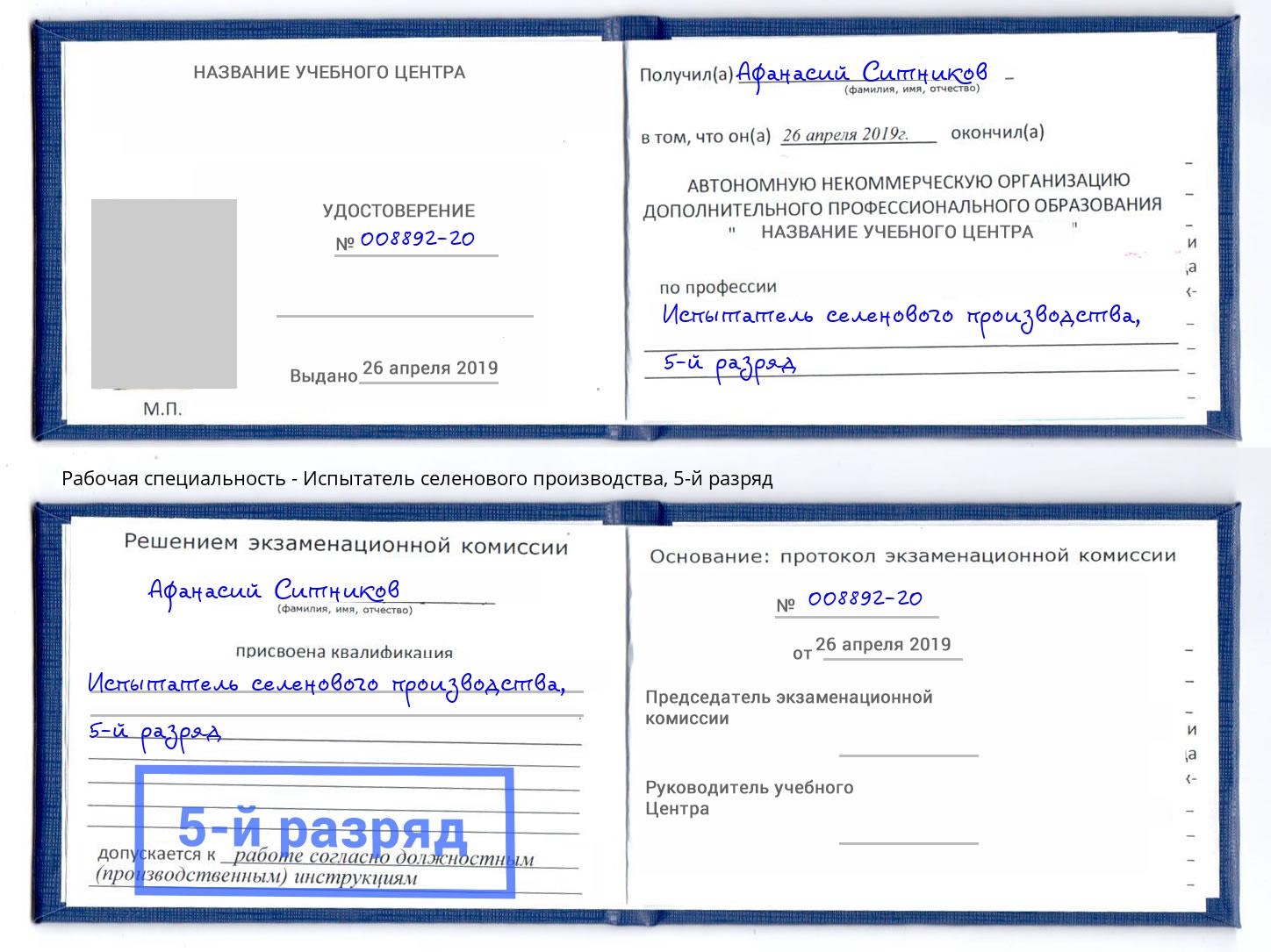 корочка 5-й разряд Испытатель селенового производства Грозный