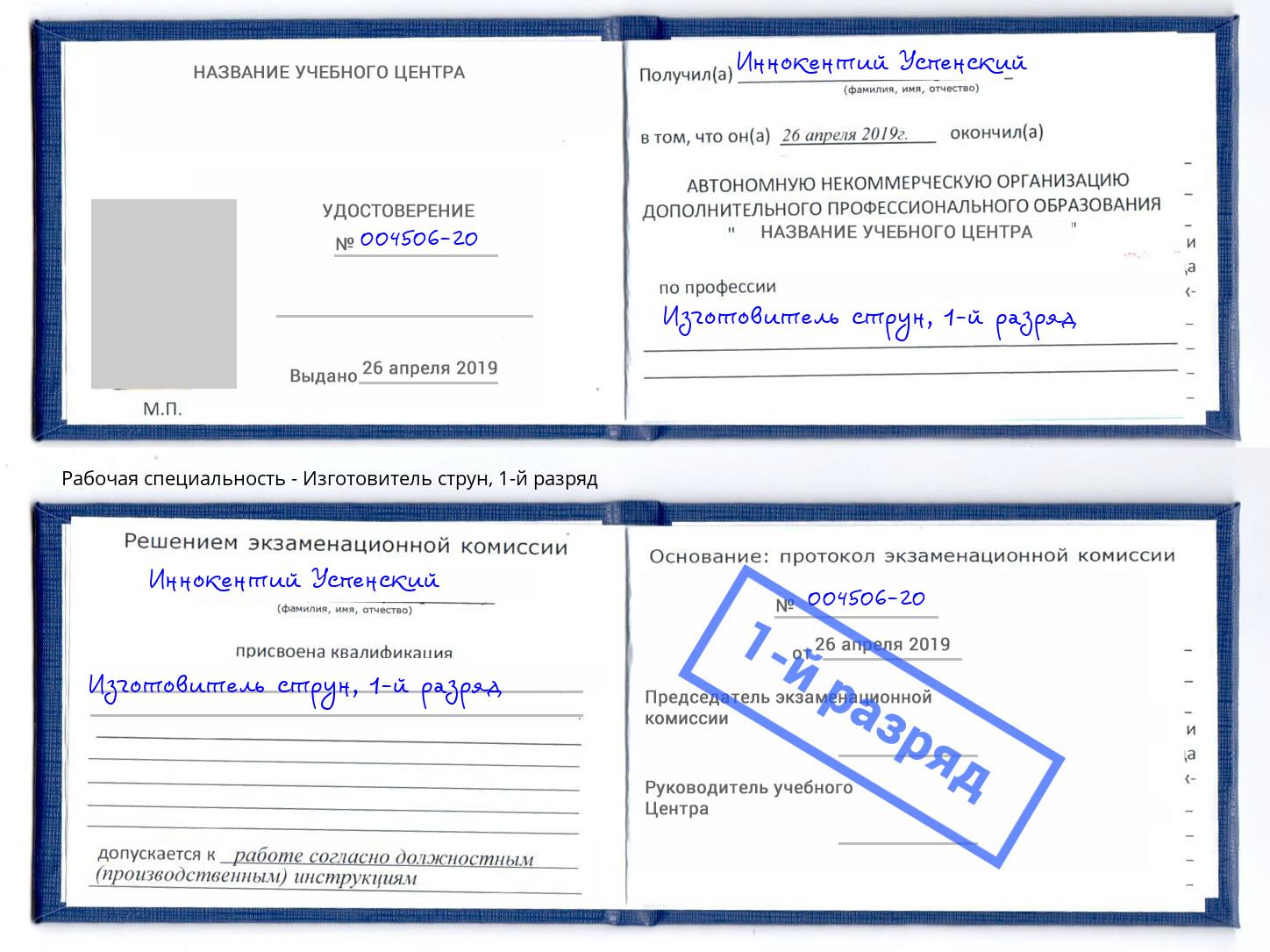 корочка 1-й разряд Изготовитель струн Грозный