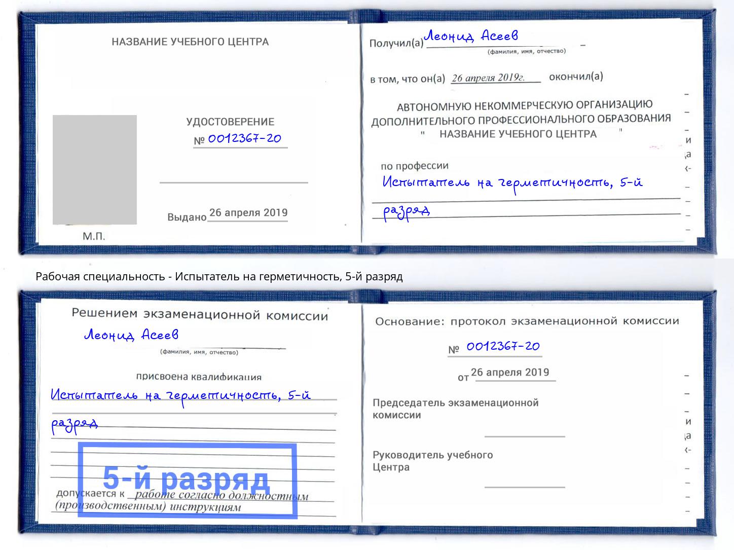 корочка 5-й разряд Испытатель на герметичность Грозный