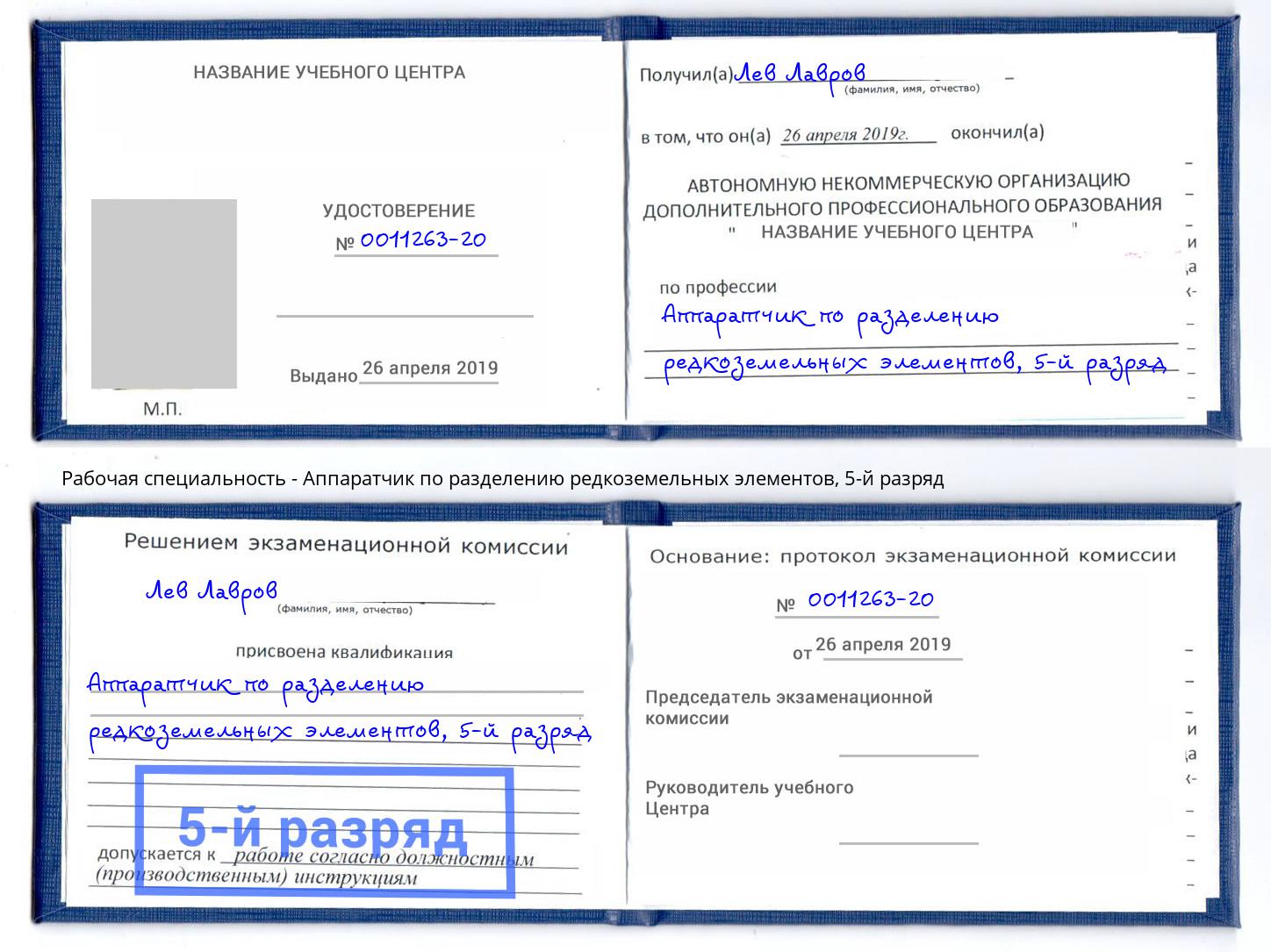 корочка 5-й разряд Аппаратчик по разделению редкоземельных элементов Грозный